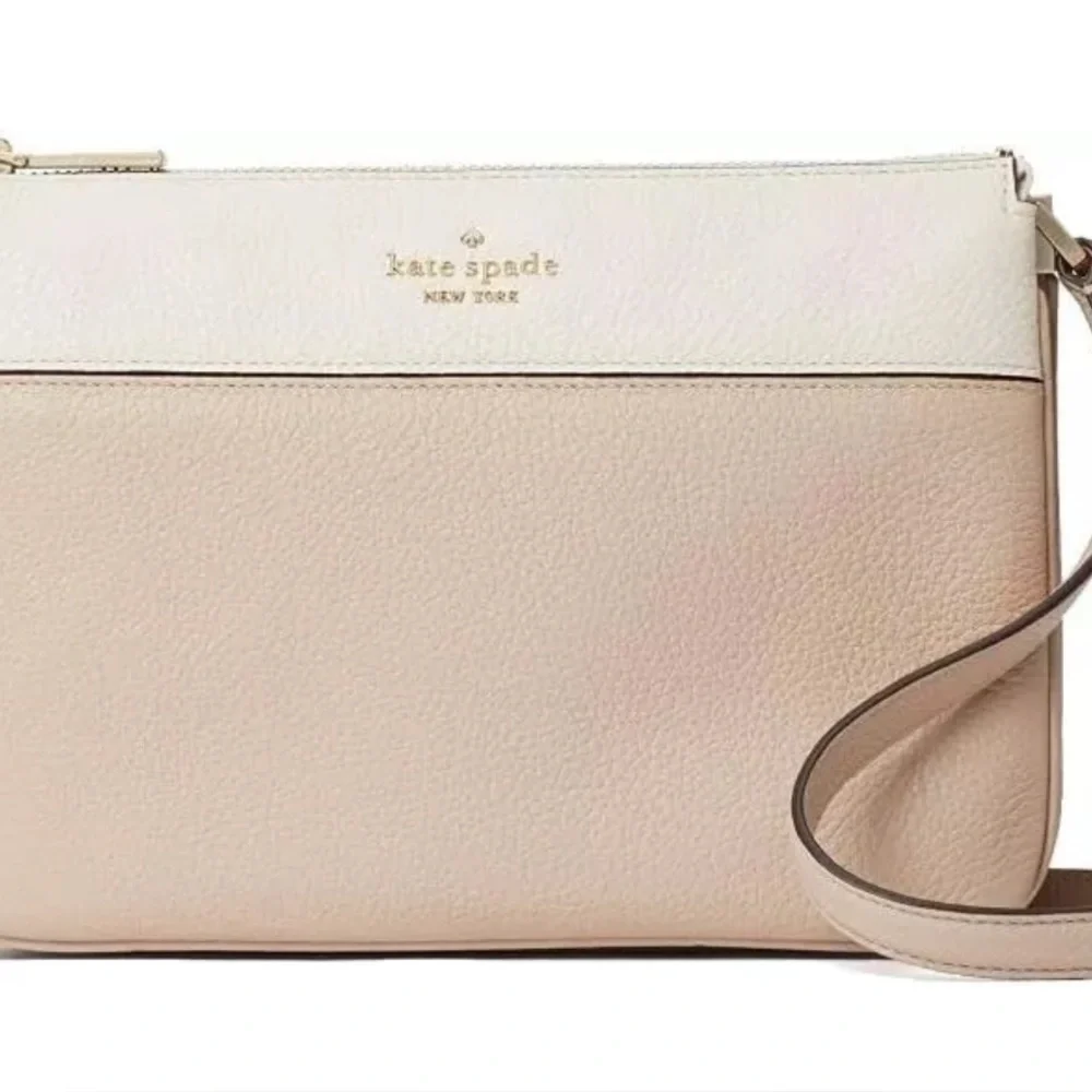Kate Spade Crossbody Leather Purse Beige Tan Cream Leila triple gusset handbag